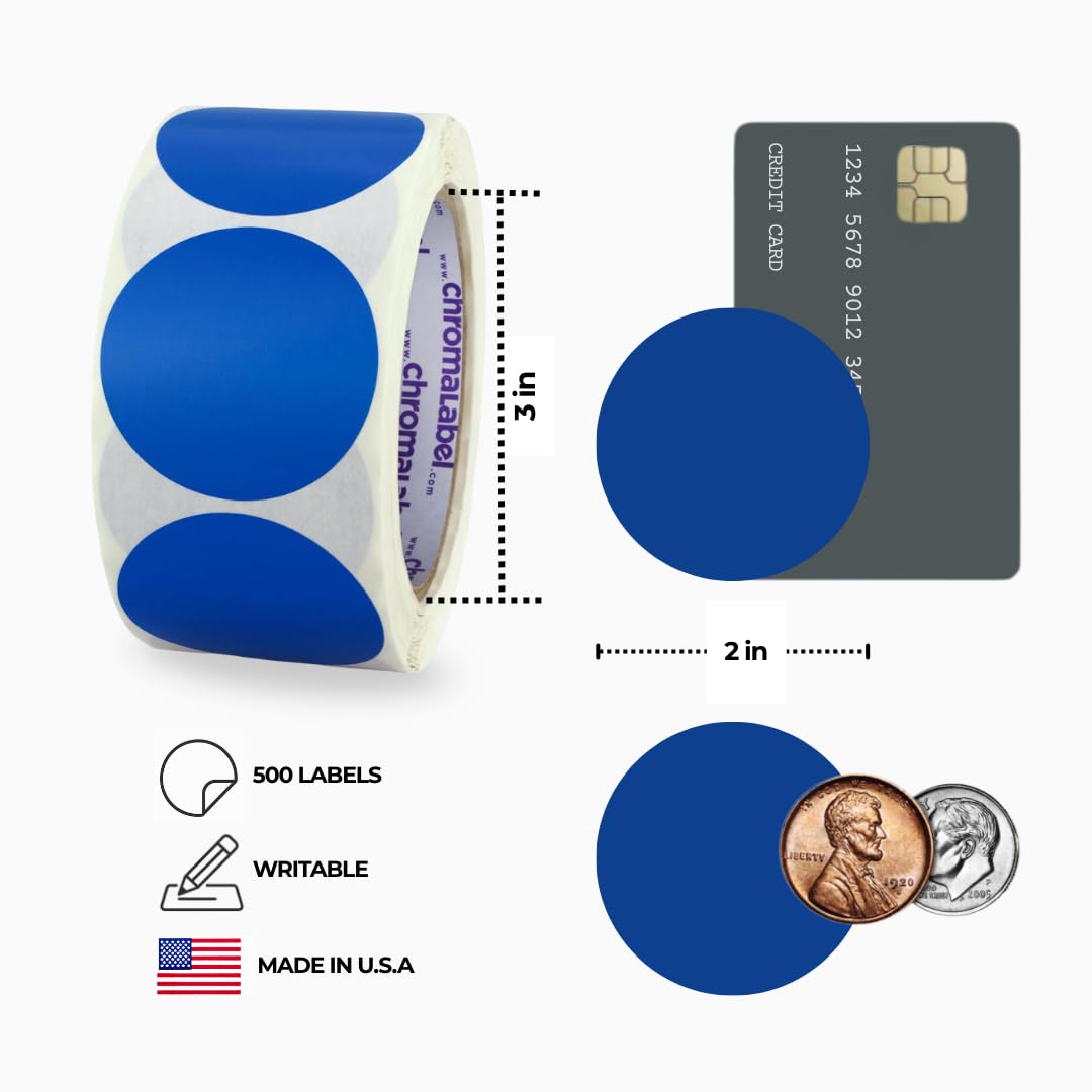 ChromaLabel 2 Inch Round Dark Blue Dot Stickers, 500/Roll 2"
