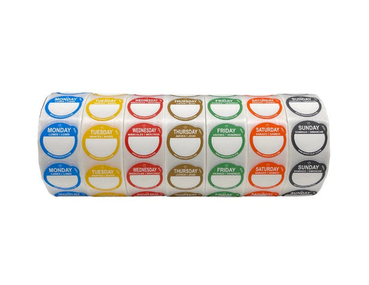 Removable Day Label - 1 inch - Peel Tab - Week (Mon-Sun) (7000 Stickers) - Food and Restaurant Day Dots - FIFO - Inventory Management Labels - Meal Prep Stickers - Gift Tags
