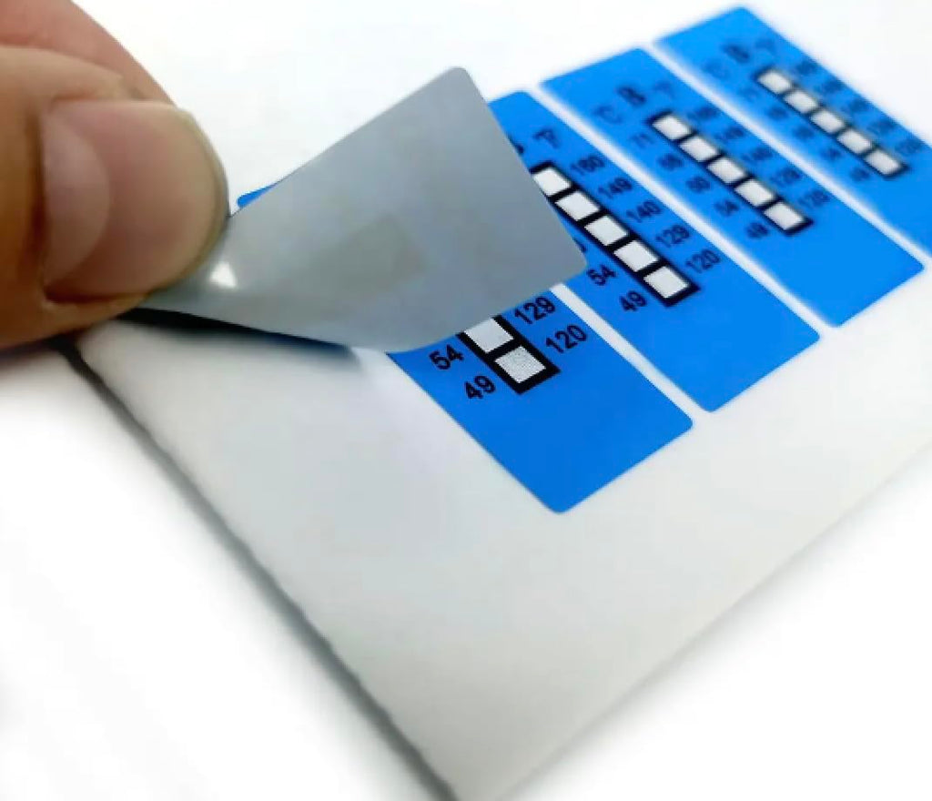 Blue high temperature measurement sticker showing temperature range from 129°F to 230°F, designed as a temperature indicator.