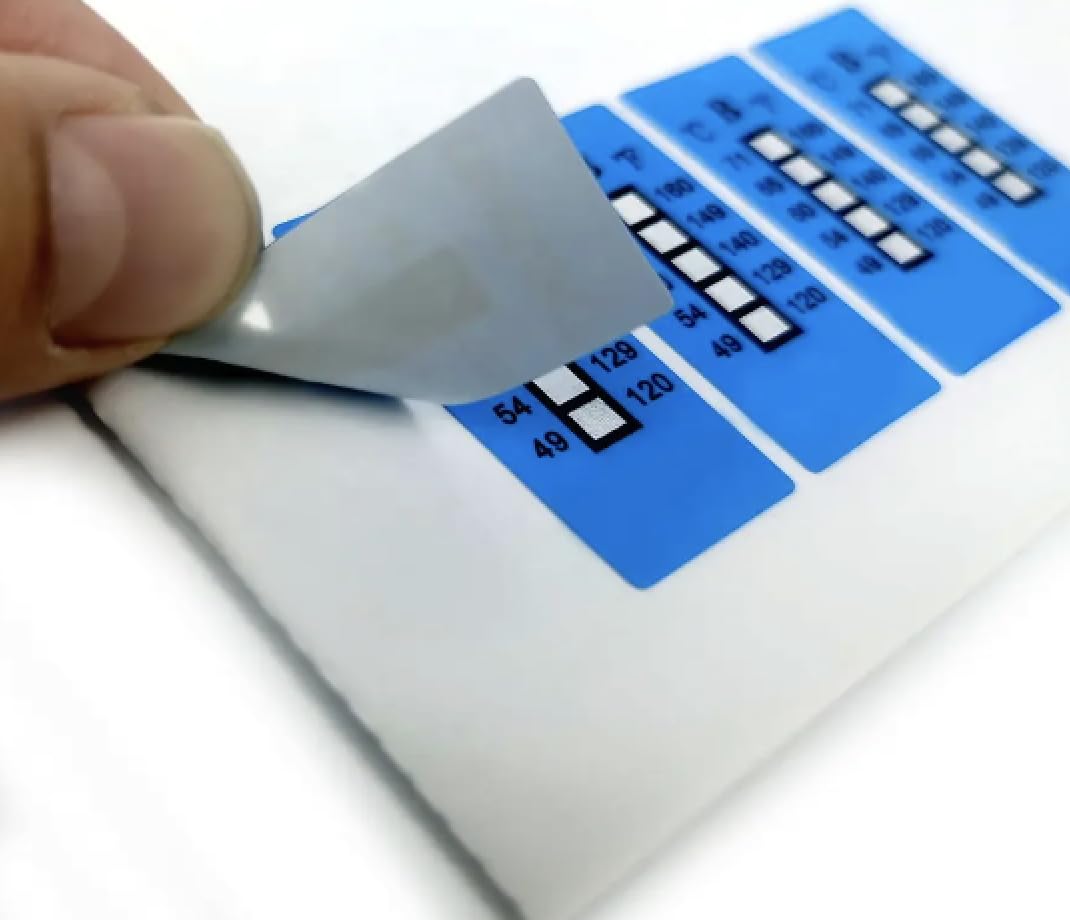 Blue high temperature measurement sticker showing temperature range from 129°F to 230°F, designed as a temperature indicator.