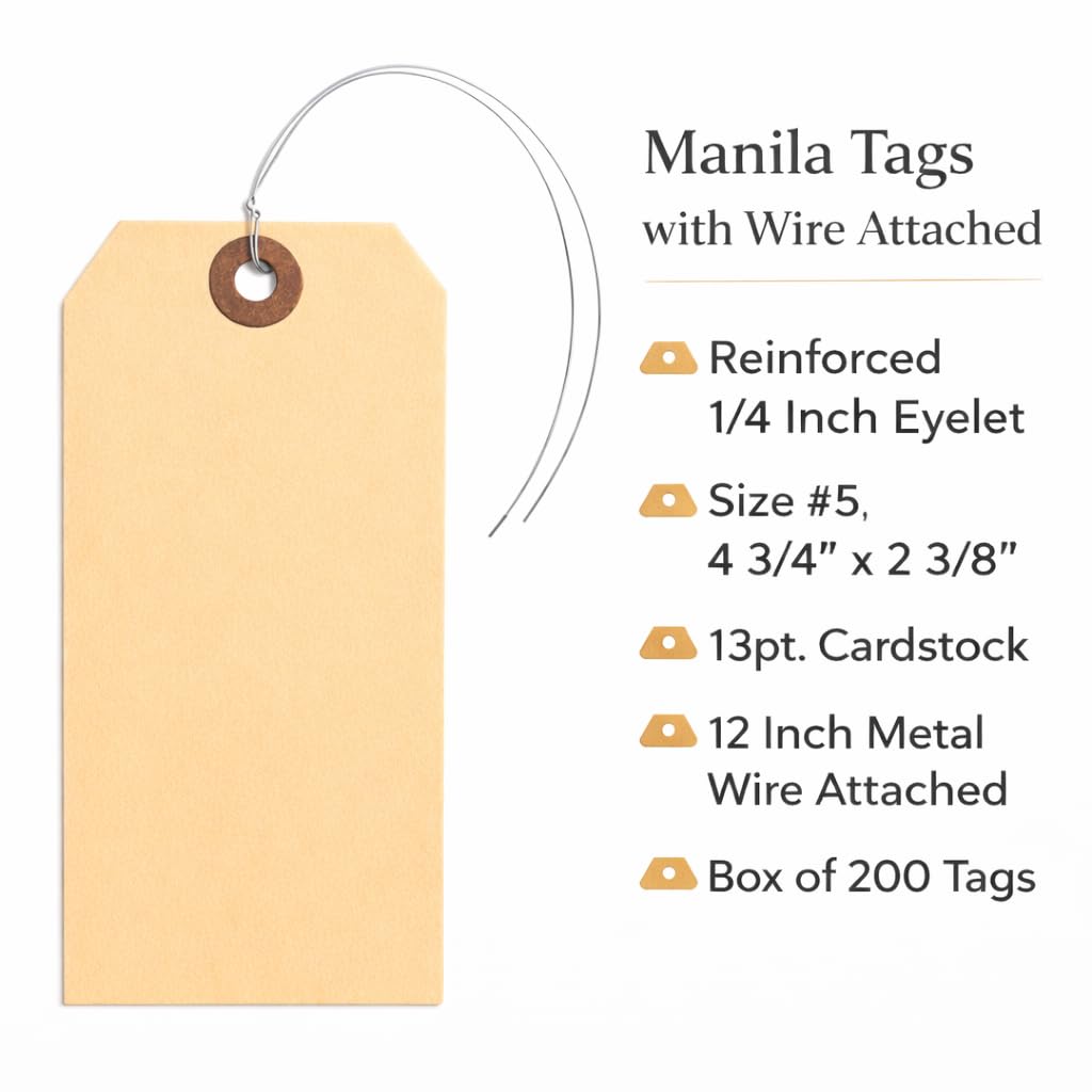 Durable Manila Tags with Wire Attached, #5, 4 3/4" x 2 3/8", 200 Tags