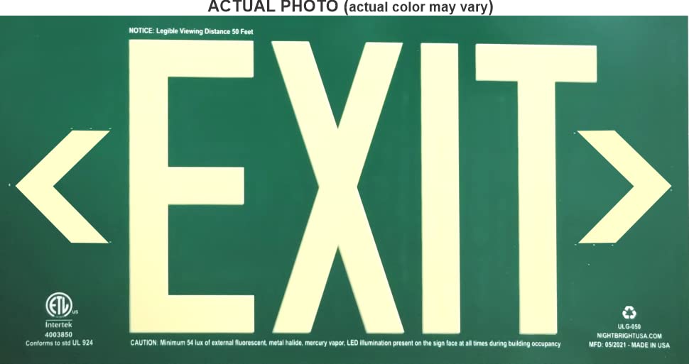 Photoluminescent Exit Sign Green - Aluminum Code Approved UL 924 / IBC/NFPA 101 | NightBright USA Part Number ULG-050 Small Signage