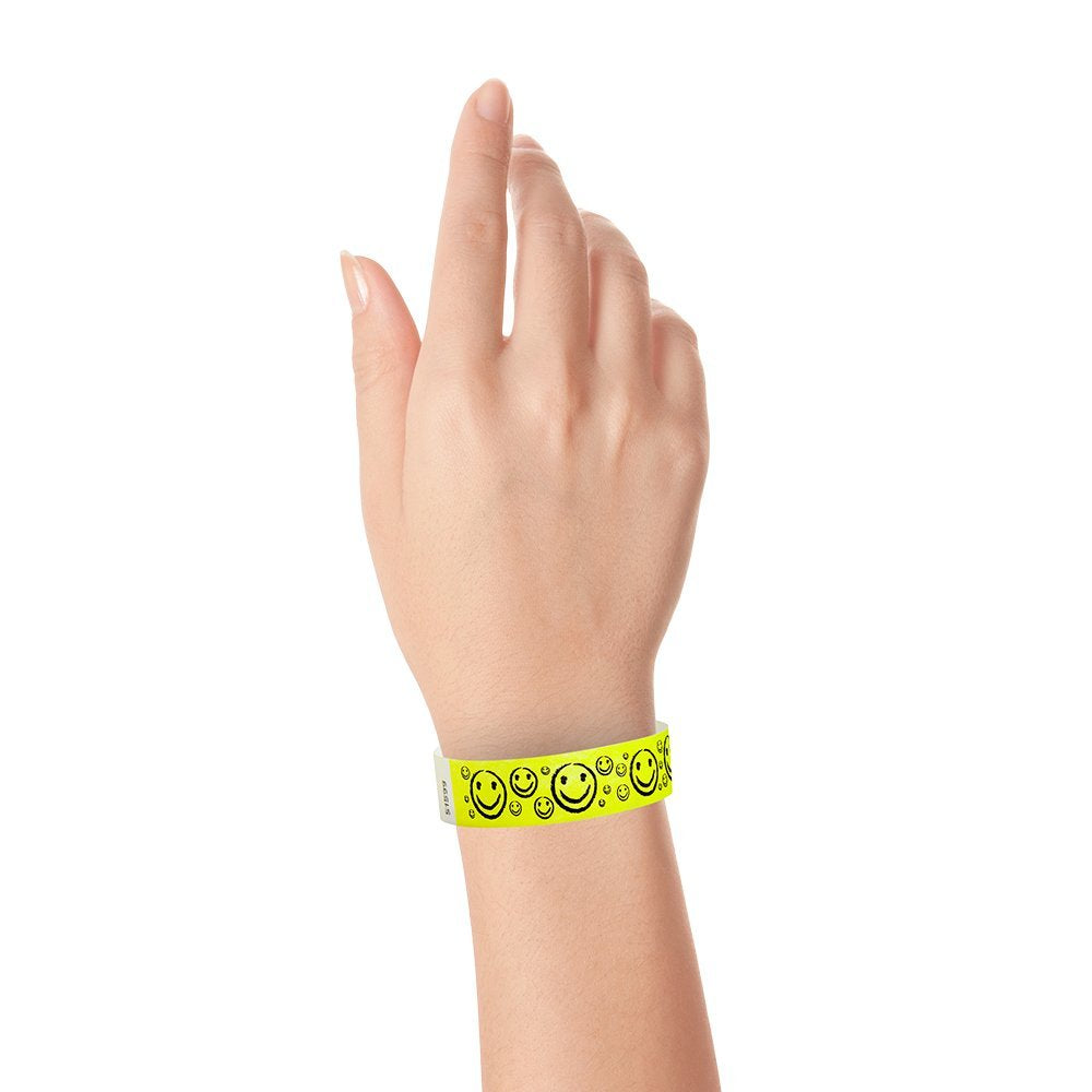 200 WristCo Yellow Smiley Face Tyvek Wristbands for Events - ¾” x 10” - Waterproof Recyclable Comfortable Tear Resistant Paper Bracelets Wrist Bands for Concerts Festivals Admission Party Neon Yellow 200 Count