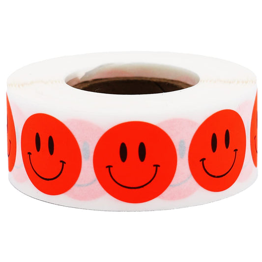 Happy Face Stickers - Fluorescent Red Happy Face Labels, 0.75 Inch Round Dots, 500 Total Adhesive Stickers for Rewards and Decorations - Made in The USA