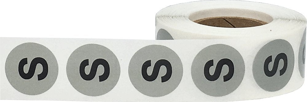 Grey Circle Small S Clothing Size Stickers - 3/4 Inch Round, 500 Semi-Gloss Adhesive Labels Per Roll for Retail Apparel, Clothing Organization, and Inventory - Made in The USA