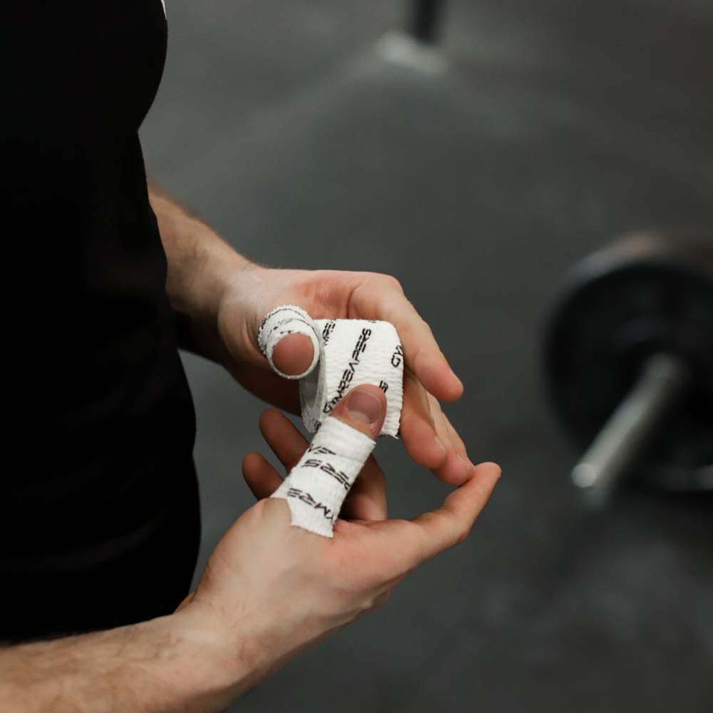 Gymreapers Weightlifting Adhesive Thumb Tape, Stretchy Athletic Tape Grip & Protection for Olympic Lifting, Cross Training, Powerlifting, Hookgrip White 5 yards x 1.5 inches