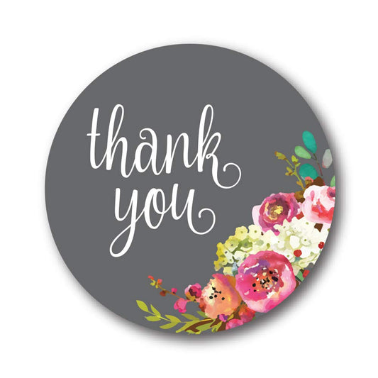Grey Floral Thank You Stickers / 1000 Gray Gratitude Envelope Seals Roll / 1.5" Round Flower Thanks Labels Grey