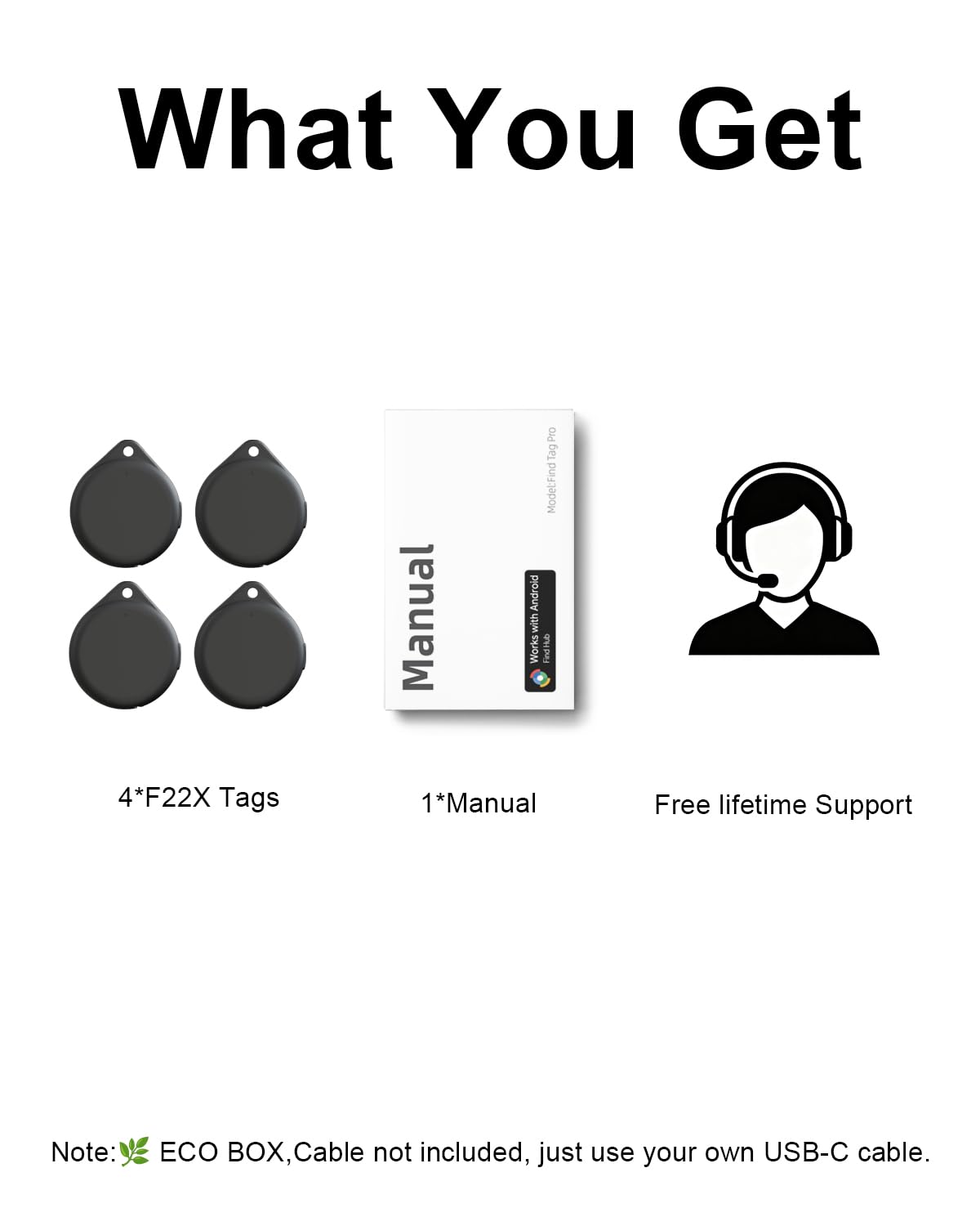 Bluetooth Android Tracker Tags,USB-C Rechargeable Key Finder(4Black) Black