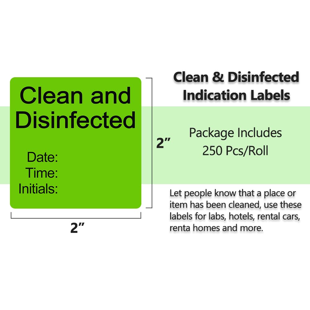250 PCS Clean and Disinfected Indication Label - 2"x2" Writable Self Adhesive Decal Sign Sticker for Lab, Hotel, House Rental, 1 Roll Clean and Disinfected Label