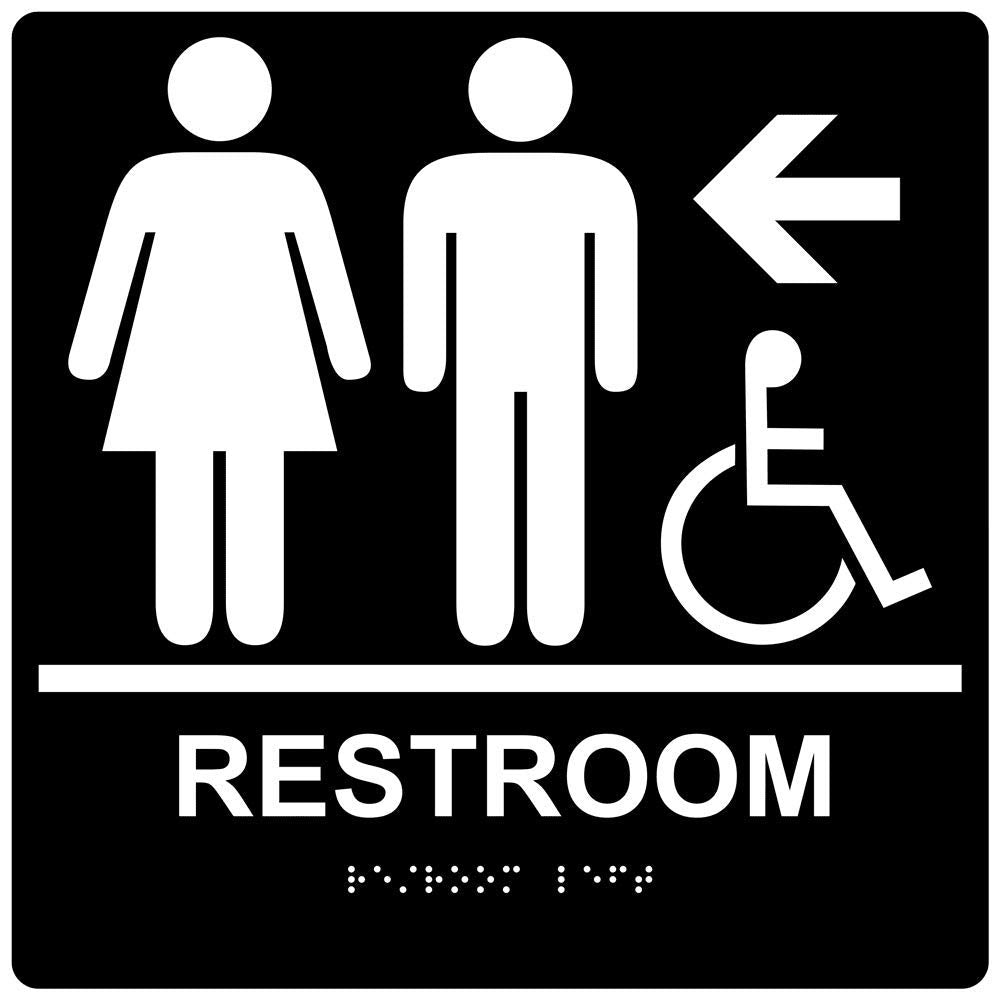 ComplianceSigns.com Wheelchair Accessible Restroom Left Sign, ADA-Compliant Braille and Raised Letters, 9x9 in. Black Acrylic with Mounting Strips 9" x 6" Left Arrow