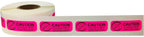 Fluorescent pink and black caution medication labels  on a roll, 0.5 x 1.5 inch, for pharmacies and hospitals