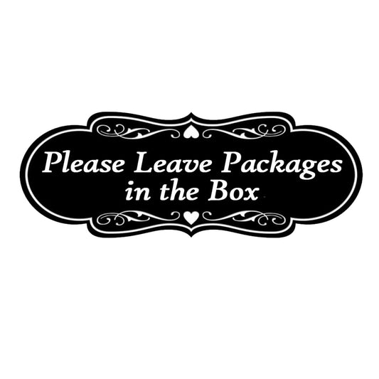 Top label Please Leave Packages in the Box Sign, 2.75x7 Inch, Black Vinyl, 5 Pack, Indoor/Outdoor Use, Minimalist Style