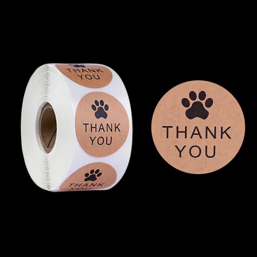 1500 Pcs Pet Paw Print Decals Thank You Sticker， Round Dog Paw Print Thank You Envelope Stickers Roll for Small Business，Round Kraft Labels Stickers