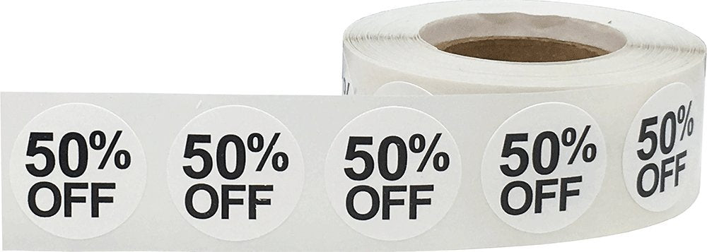 White 50% Percent Off Stickers for Retail 0.75 Inch 500 Adhesive Labels