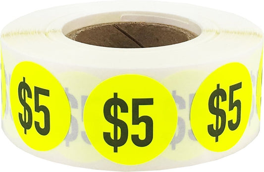 $5 Price Stickers Fluorescent Yellow .75 Inch Round Circle Dots 500 Total Adhesive Stickers $5