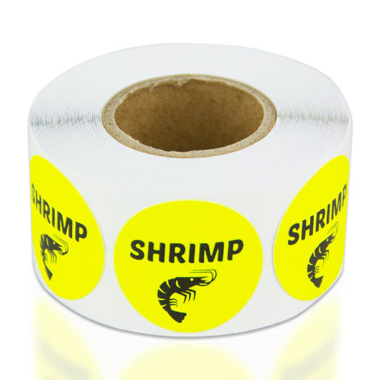 Shrimp Stickers - 1 Inch Round Circle Shrimp Food Labels in Bright Yellow Restaurant Deli Food Truck Supermarket Grocery Store Stickers Food Meal Menu Choice Sticker Package Label - 300 Labels/Roll