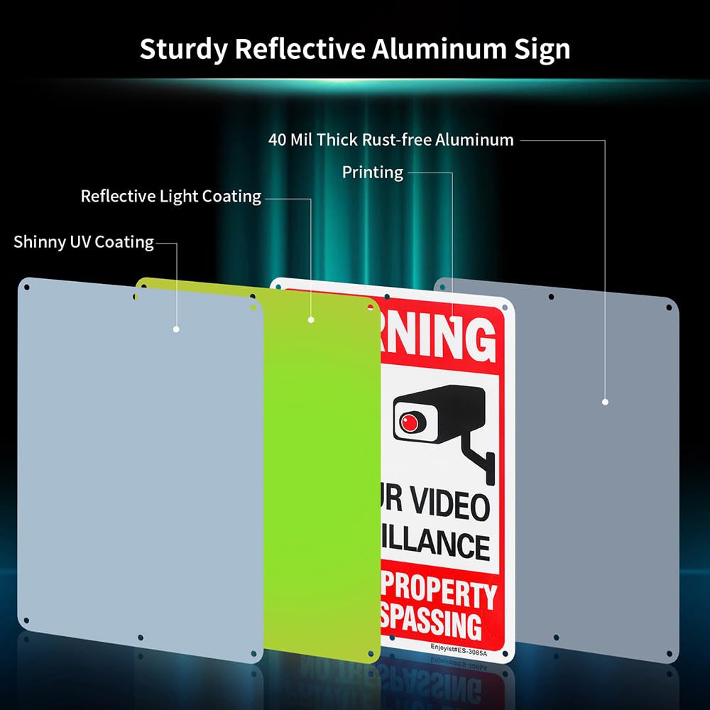 4 Pack 24 Hour Video Surveillance Sign, Private Property No Trespassing Warning Sign, 10"x 7" .040 Rust Free Aluminum – Reflective, UV Protected and Weatherproof