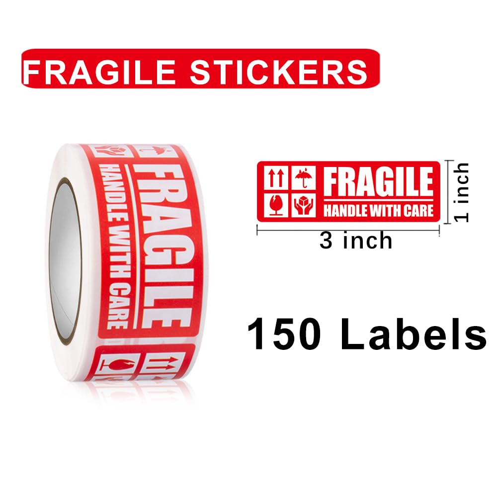 Fragile Handle with Care Stickers - Bold Red and White, 150-Pack for Moving Shipping Labels, Mailing Supplies - Packaging Protector for Delicate Items Bold Fragile