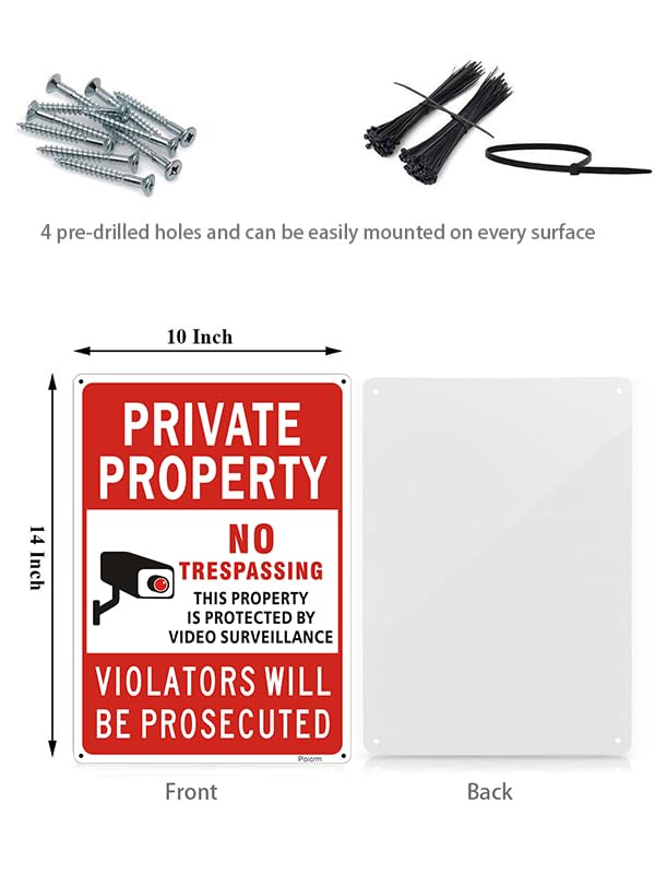 (2 Pack) Large No Trespassing Signs Private Property, Violators Will Be Prosecuted,14"x10".04" Aluminum Reflective Metal Sign,Weather Resistant, Waterproof, Durable Ink, Easy to Mount Red