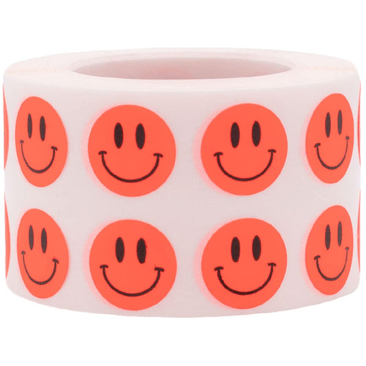 1/2" Inch Small Fluorescent Red Happy Face Labels, 1,000 Total Adhesive Stickers on a Roll, Perfect for Kids Classroom Incentives, Motivational Chart Use