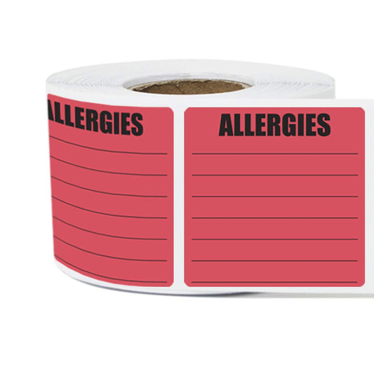 300 Allergies Stickers, 2 x 2 Inch Writable Allergy Alert Warning Labels - Pharmacy Medical Sticker Doctor Label, Adhesive - 1 Roll of 300 Large Red
