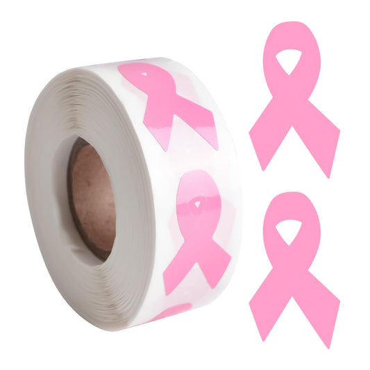 WANDIC 0.75 * 1.28in Pink Ribbon Awareness Sticker, 500 PCS Breast Cancer Awareness Stickers Adhesive Label Roll for Public Charity Fundraiser Events