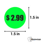 Neon green 1.5-inch round preprinted price stickers on a roll for retail, garage sales, and flea markets by OfficeSmartLabels.