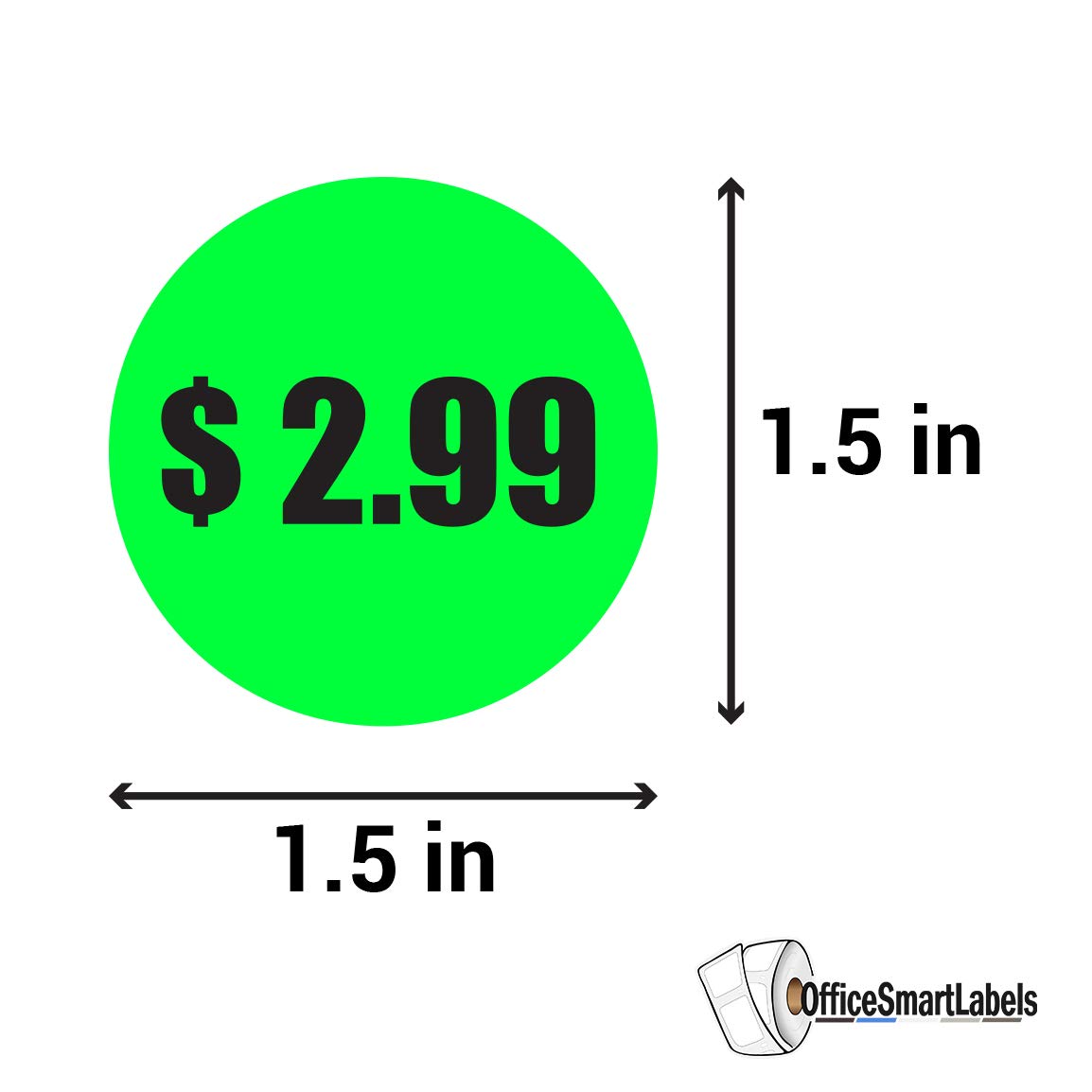 Neon green 1.5-inch round preprinted price stickers on a roll for retail, garage sales, and flea markets by OfficeSmartLabels.