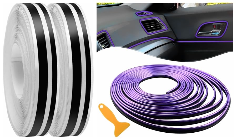 Spurtar 2 Rolls x 33Ft Car Pinstriping Tape Black & 16.4ft/5M Car Interior Trim Strips Purple