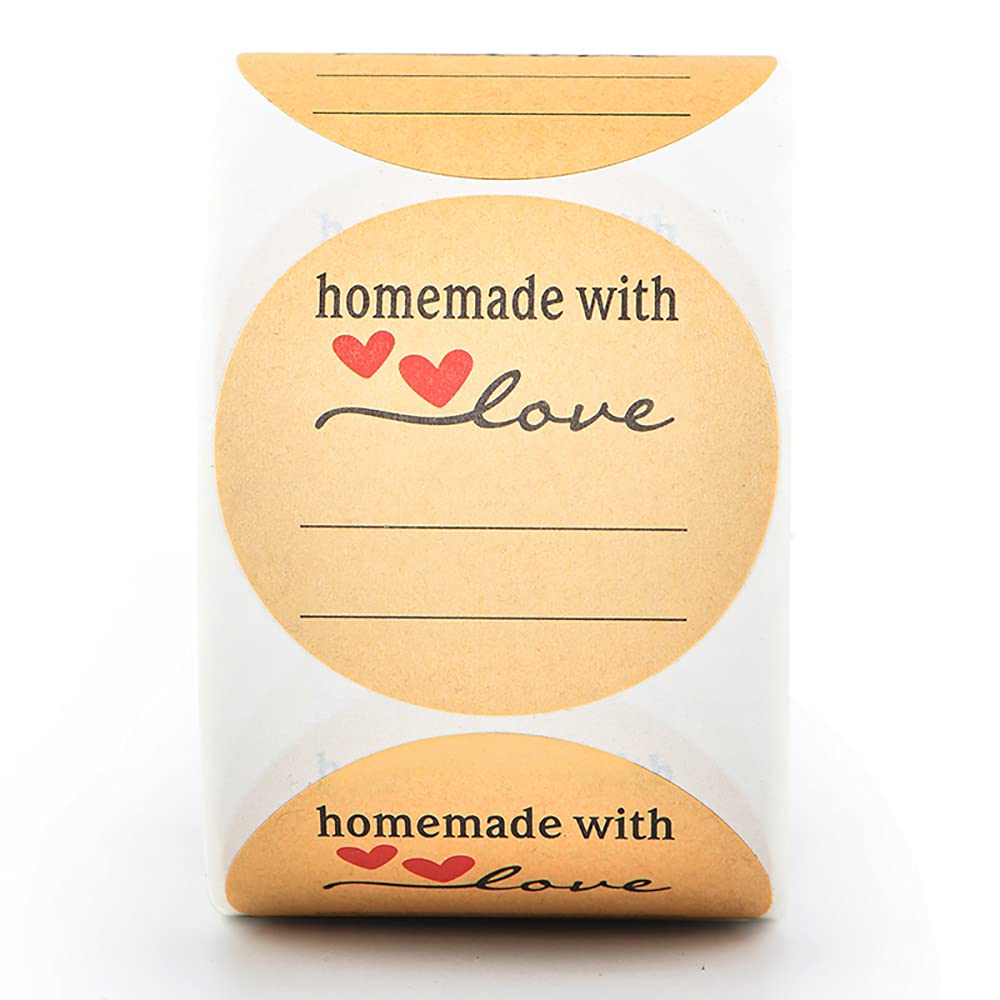 2 Inch Natural Brown Kraft Stickers (500 Per Roll), Homemade with Love Sticker with Lines for Writing (Permanent Adhesive) for Store Owners, Crafts, Organizing, Jar and Canning Labels