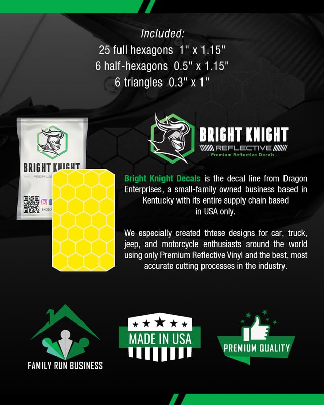 Bright Knight Decals Hexagon Reflective Stickers for Helmet, Yellow, 2-Pack