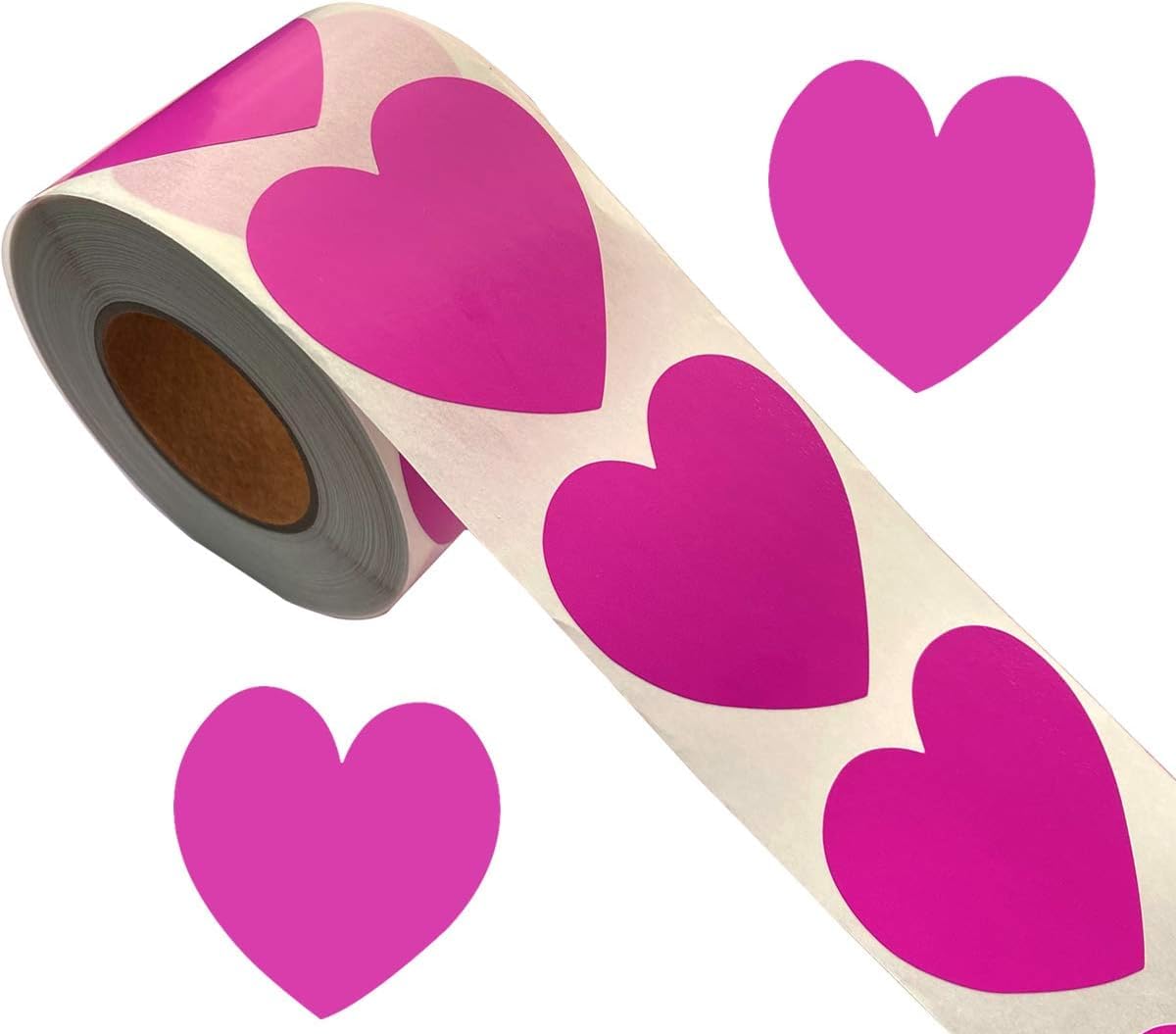 Happy Mother's Day Stickers, 2 Inch Fluorescent Pink Heart Shaped Stickers – 500 Per Roll Adhesive Labels for Gift Wrapping, Envelope Sealing & Decor