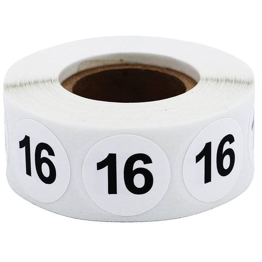 White with Black Number 16 Circle Dot Stickers, 3/4 Inch Round, 500 Labels on a Roll for Organization and Inventory - Semi-Gloss Finish - Made in The USA #16
