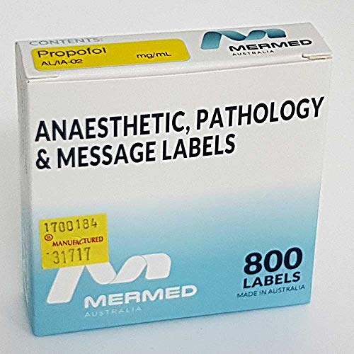 Box of 800 Mermed Propofol anesthetic syringe labels on roll, latex-free adhesive, printed in Australia, for medical use.