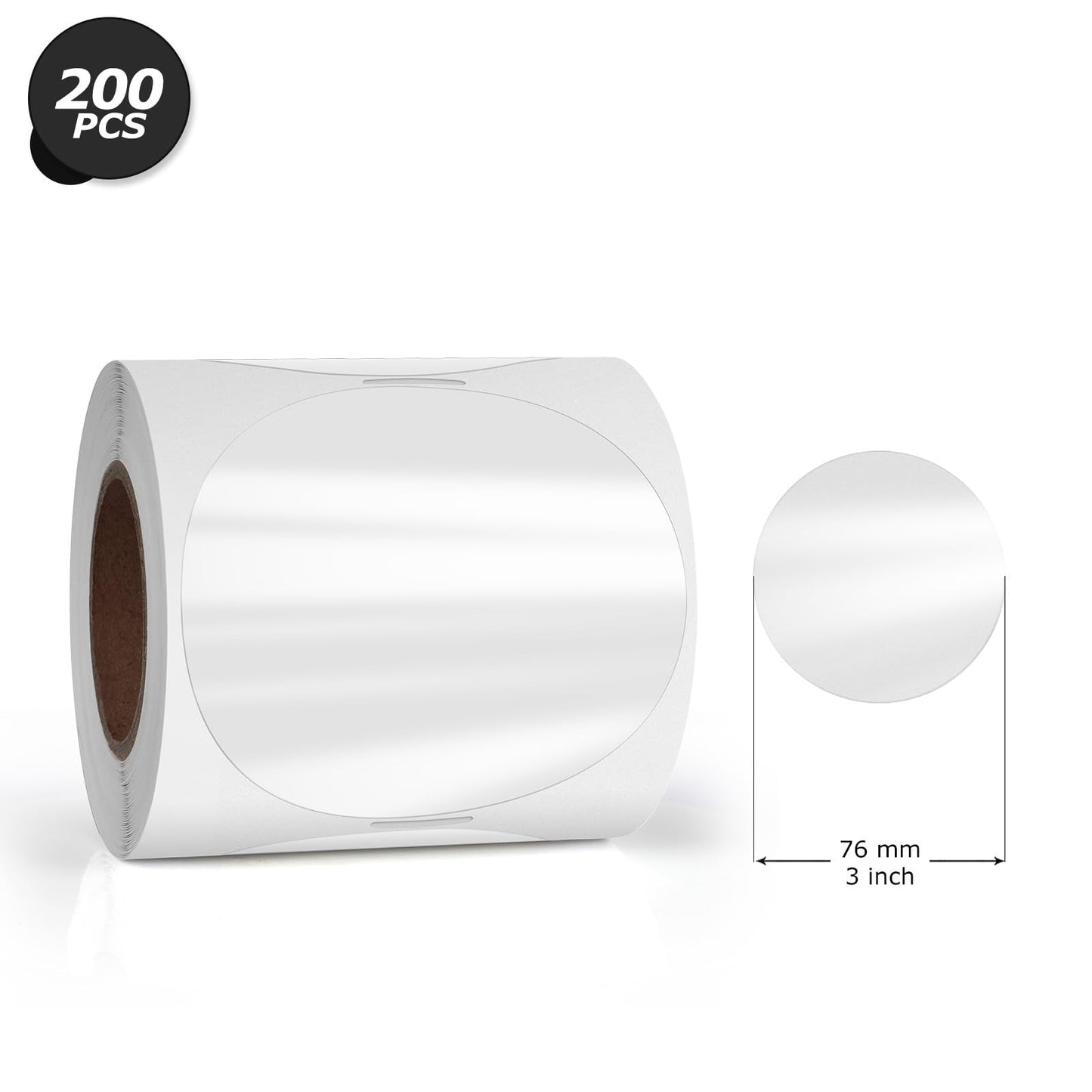Clear Thermal Labels Vinyl 3 Inch Self-Adhesive Round Stickers Circle Roll Waterproof Printer Decals Package Seal for QR Code Envelope Office Retail Home 200 PCS 3 Inch Dot