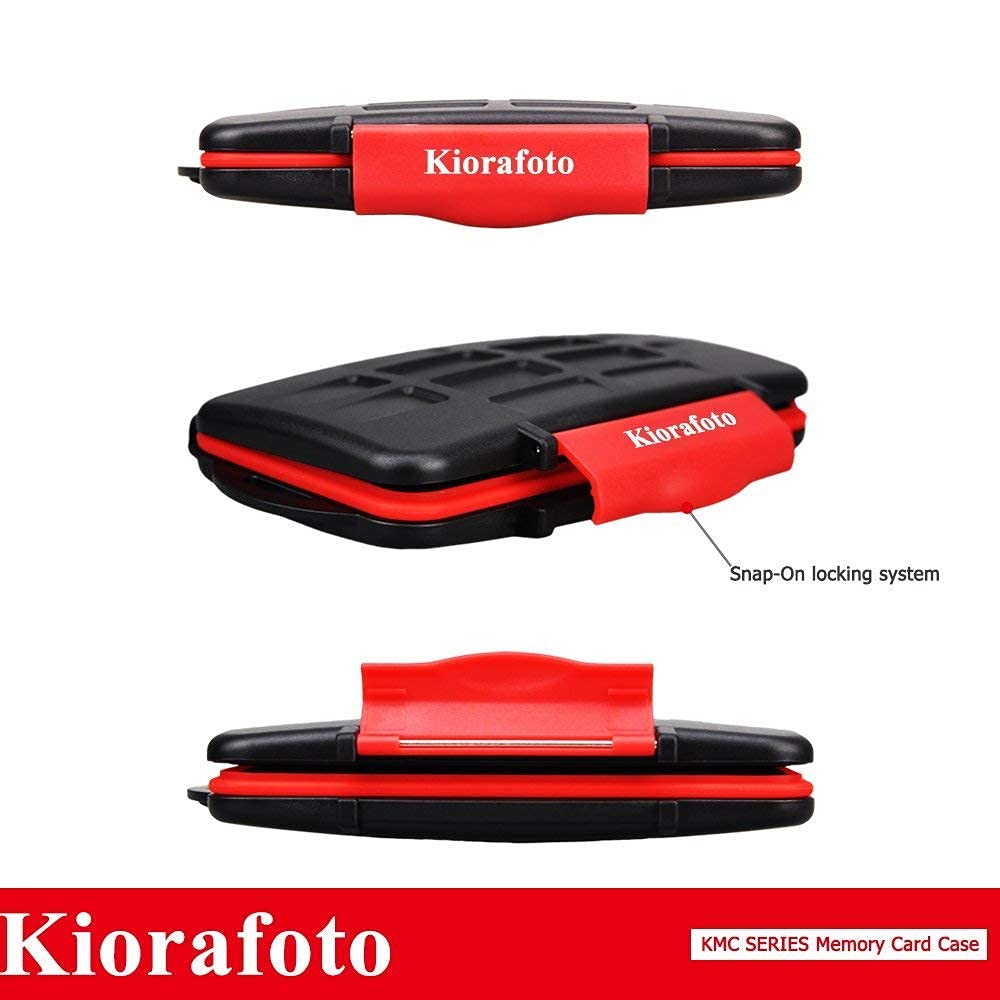 Kiorafoto water-resistant memory card case with 120 labels, holds 12 SD cards and micro SD cards for organized storage.
