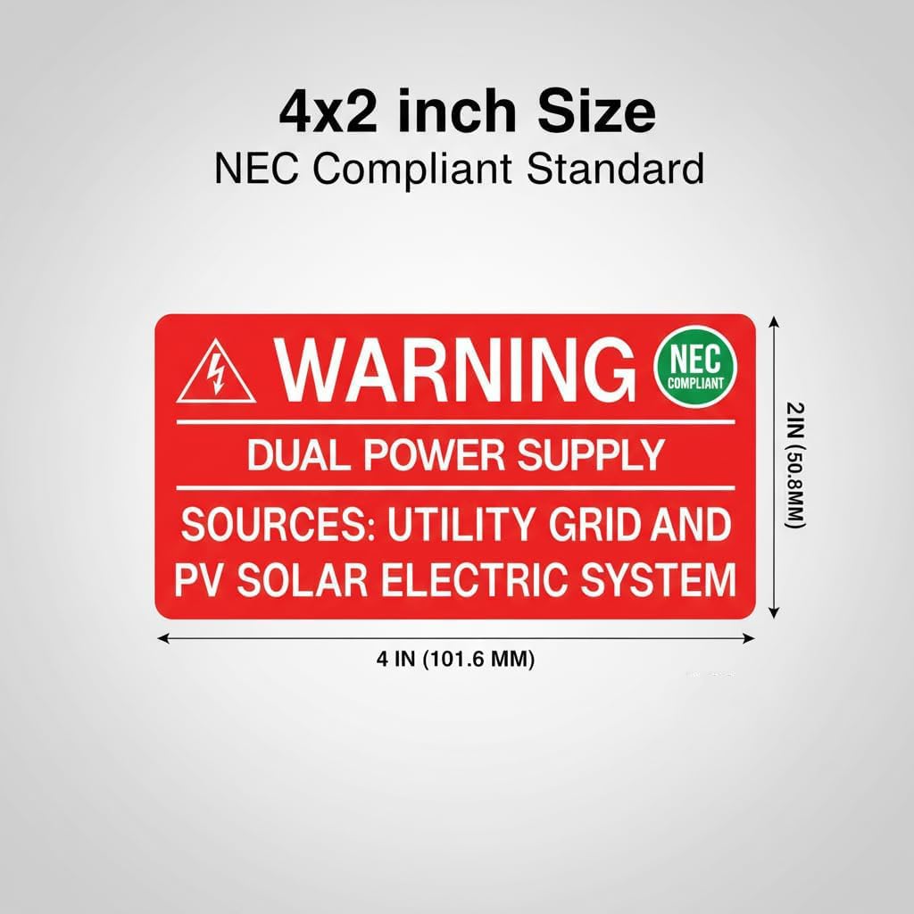 50PCS Solar Warning Labels, Warning Dual Power Supply - Sources Utility Grid and PV Solar Electric System, UV Resistant Electrical Panel Stickers for Installers