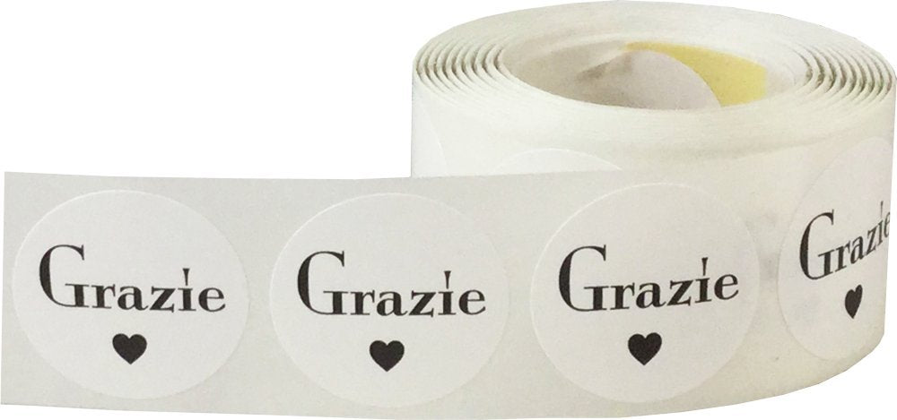 Grazie Italian Thank You White Semi-Gloss Stickers, 1 Inch Round Circle Adhesive Labels, 500 Thank You Stickers Per Roll for Small Business Packaging, Gifts, and Envelopes – Made in the USA
