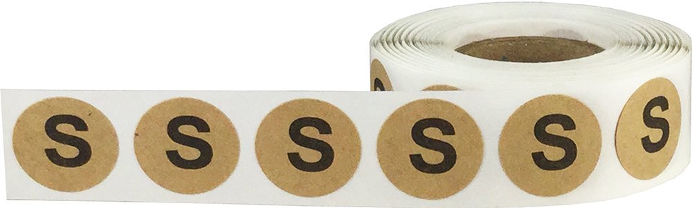 Brown Kraft Circle Clothing Size Stickers Pack, 3/4 Inch Round, Includes 1 Roll of XS, S, M, L, XL, and XXL, 500 Total Labels per Size