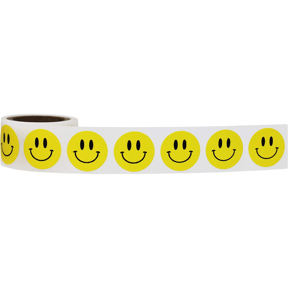 Yellow happy face stickers on a small roll, 0.75 inch adhesive labels, perfect for decorating or organizing.
