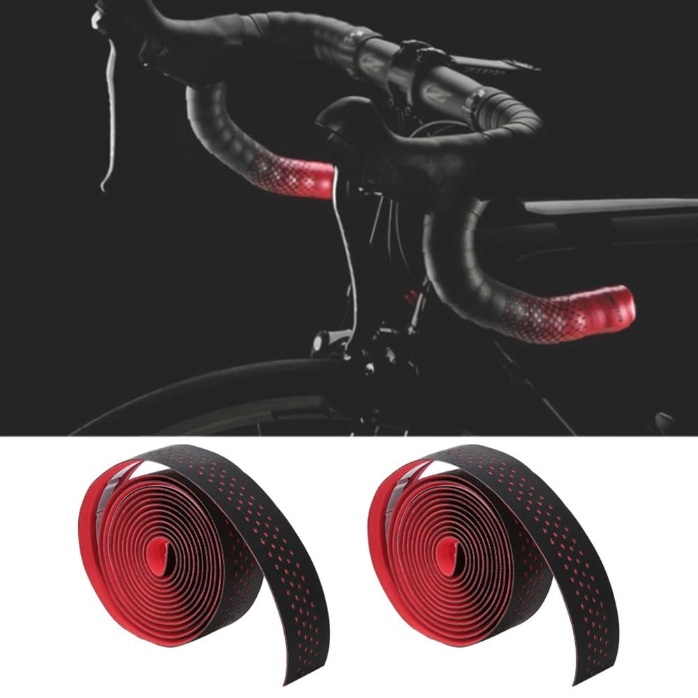 ‌2-Pack Bike Handlebar Tape - EVA PU Perforated Anti-Slip Cycling Grip Tape with End Plugs & Sealing Tapes‌ for Road/Mountain/Folding Bikes(Red) Red