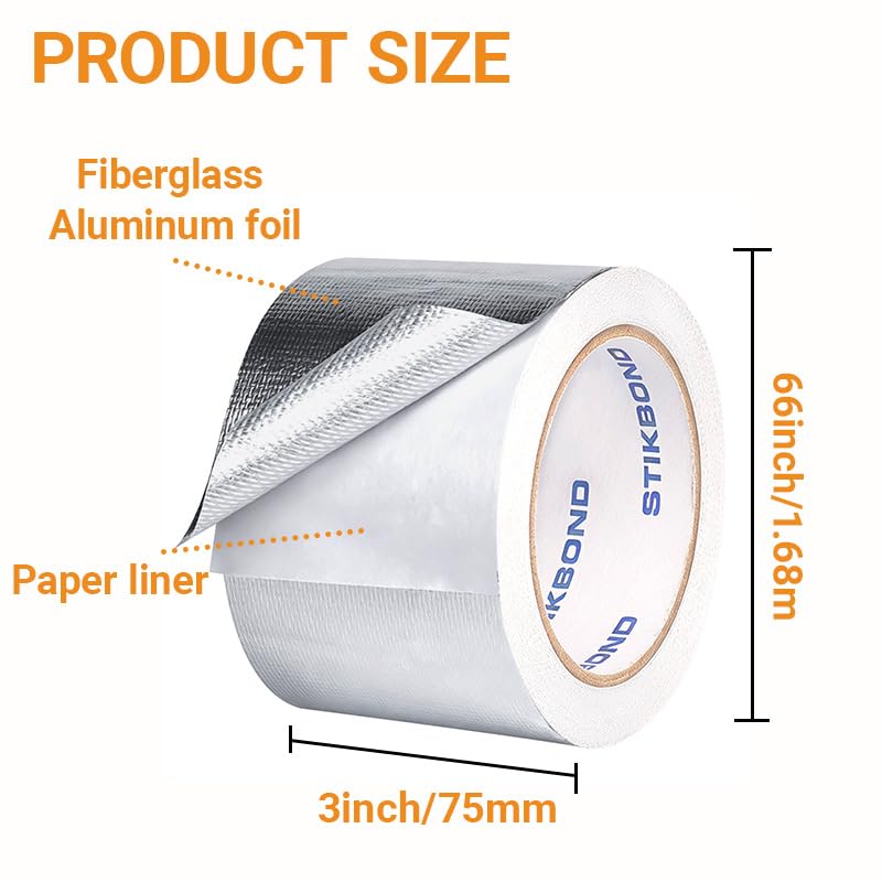 1Roll Self-Adhesive Aluminum Foil Heat Shield Tape 3in x 66ft, Silver Heat ReflectiveTape, Fiberglass High Temp Thermal Insulation Reflective Material 3inch