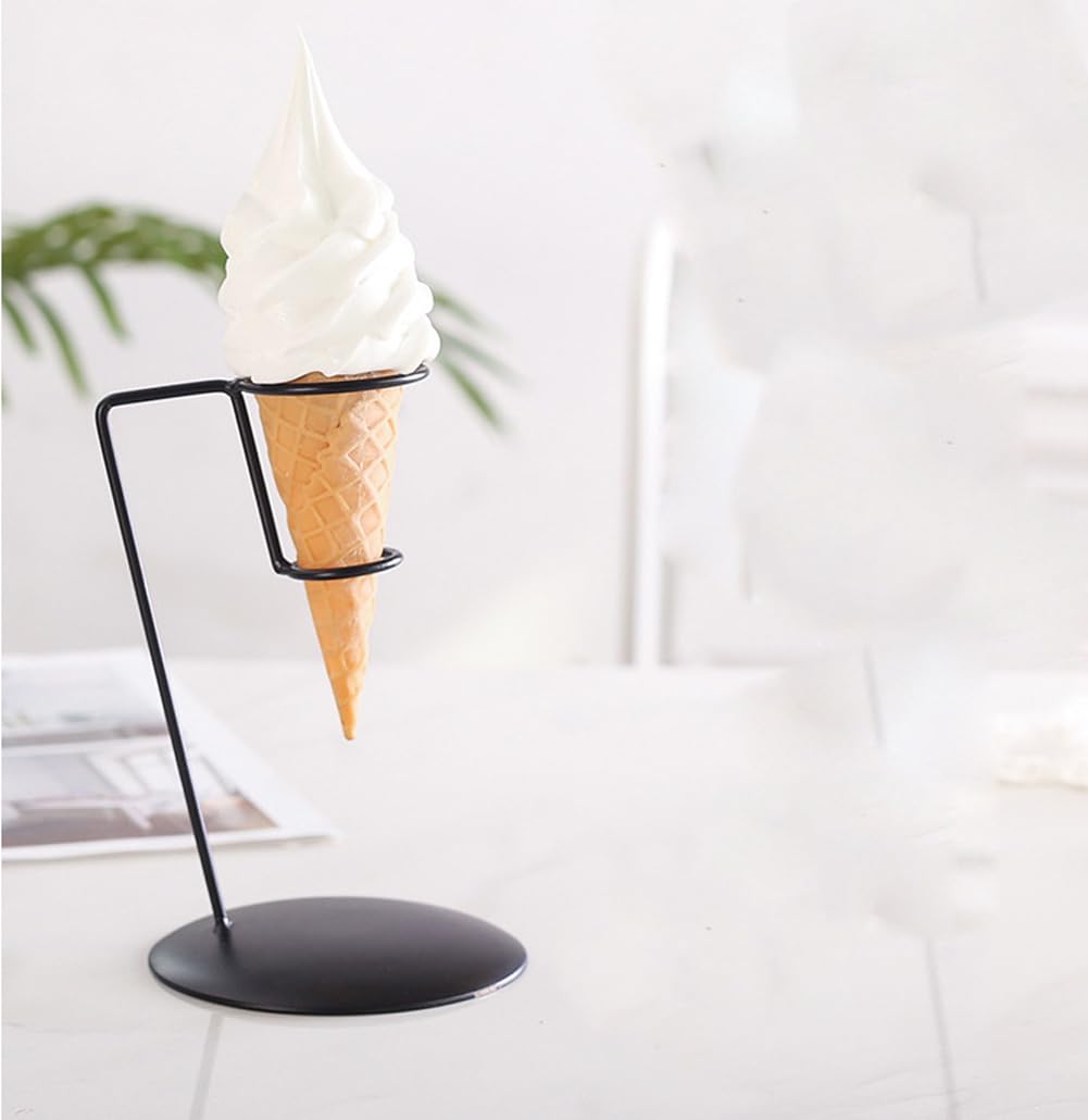 luzen 2Pcs Iron Metal Ice Cream Cone Rack Holder Single Ice Cream Cone Serving Treats Stand with Round Base French Fries Display Stand for Kitchen Bar Restaurant Party Supplies, Black