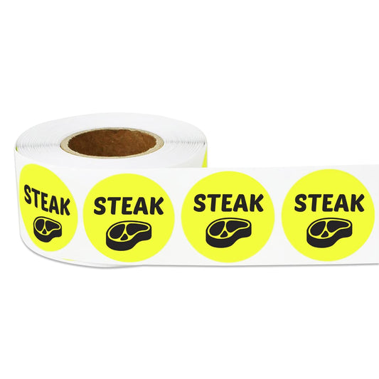 600 Steak Stickers, 1" Round Steak Food Labels Menu Meal Choice Deli Pantry Catering Truck Grocery Store Meat Stickers Package Food Labeling, Yellow - 2 Rolls of 300