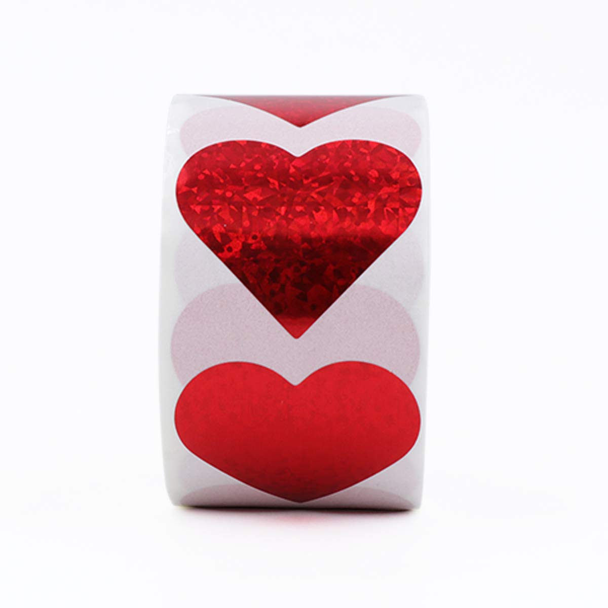 1.5" Red Heart Stickers with Glitter Holographic Gravel Pattern, 500 pcs Sparkling Adhesive Heart Sticker Labels per Roll, Love Stickers for Personal and Business Use 1.5 inch
