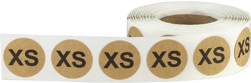 Brown Kraft Circle Clothing Size Stickers Pack, 3/4 Inch Round, Includes 1 Roll of XS, S, M, L, XL, and XXL, 500 Total Labels per Size