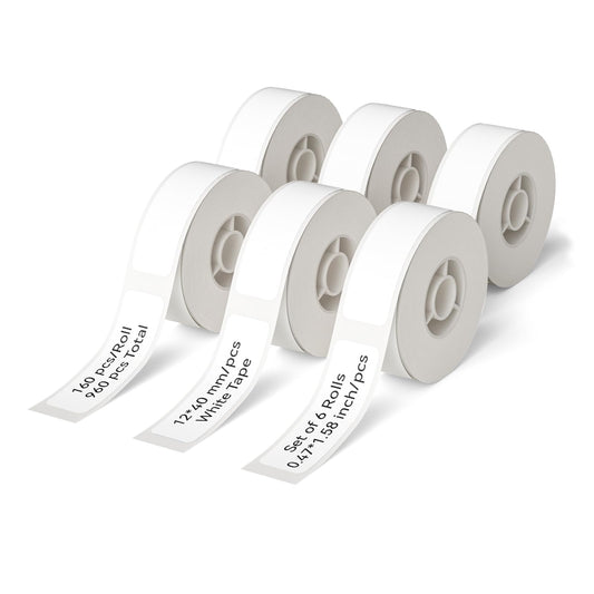 Label Maker Tape NIIMBOT D11 6 Rolls Adapted Cable Label Print Paper Standard Laminated Office Labeling Tape Replacement for D11 Handheld Label Machine Oil Proof Waterproof Tearproof (12 * 40WHITE) 12*40white