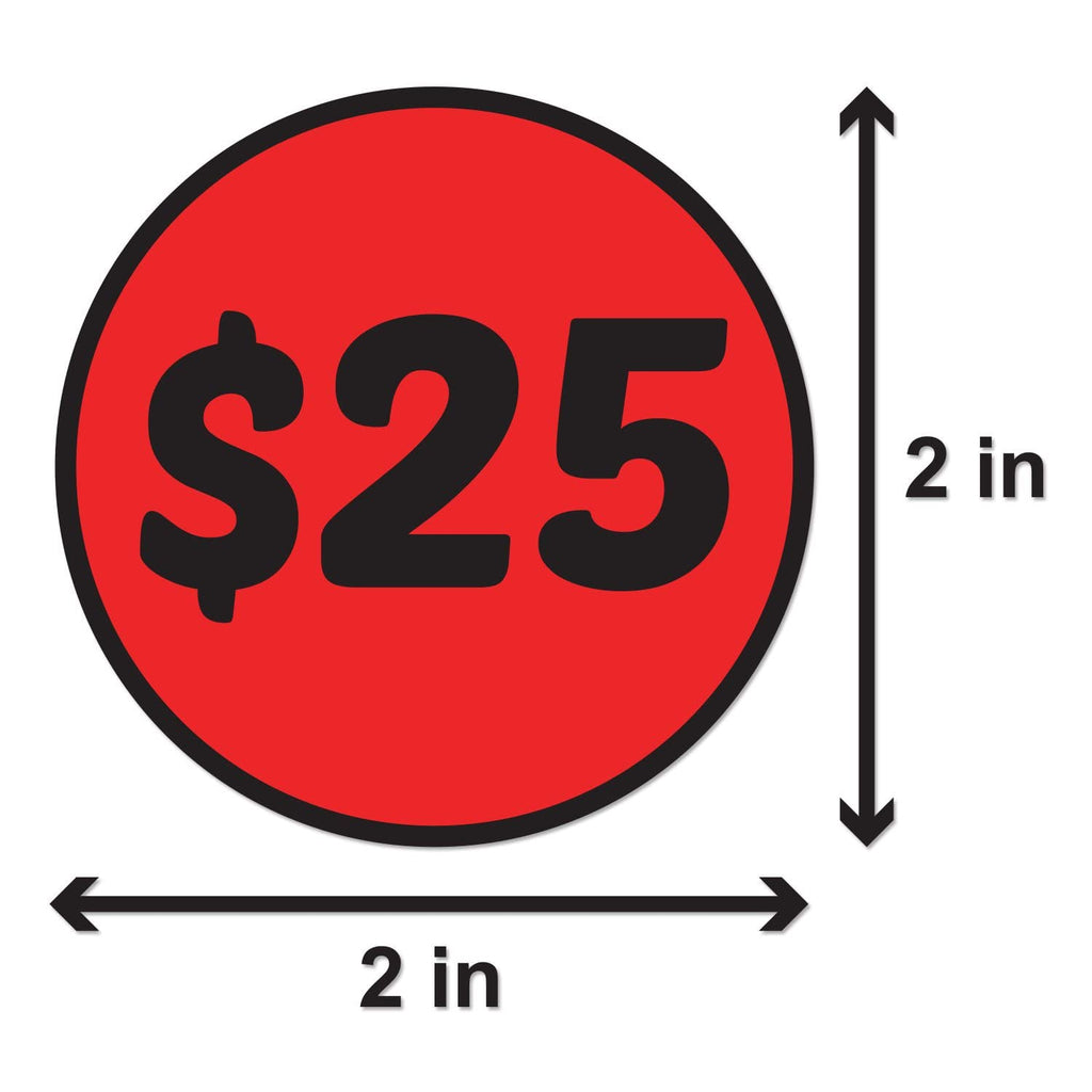 25 Dollar Price Stickers (2 inch, Red, Circle Dot - 300 Labels) 25 Dollar Stickers for Garage Sales, Yard Sales, or Retail Stores 1 Roll $25 / Red