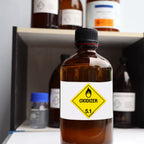 ChromaLabel 1-inch square durable D.O.T. hazard label for Class 5.1 oxidizer, shown on a roll of industrial labels.