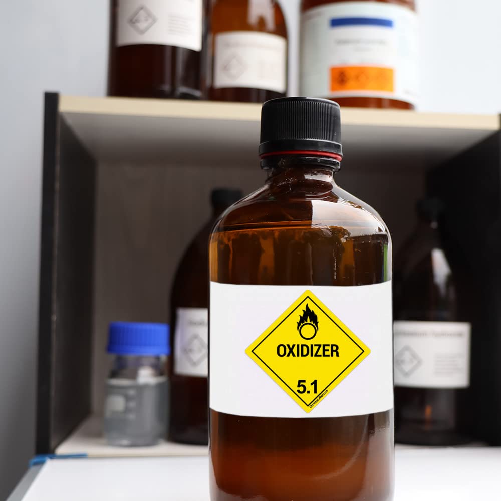 ChromaLabel 1-inch square durable D.O.T. hazard label for Class 5.1 oxidizer, shown on a roll of industrial labels.